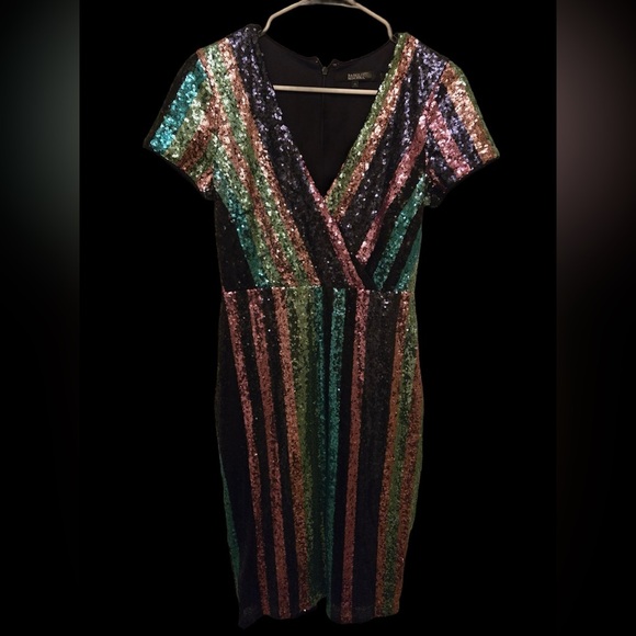 Badgley Mischka Multicolor Sequin Striped Dress Size 4 - Picture 1 of 6